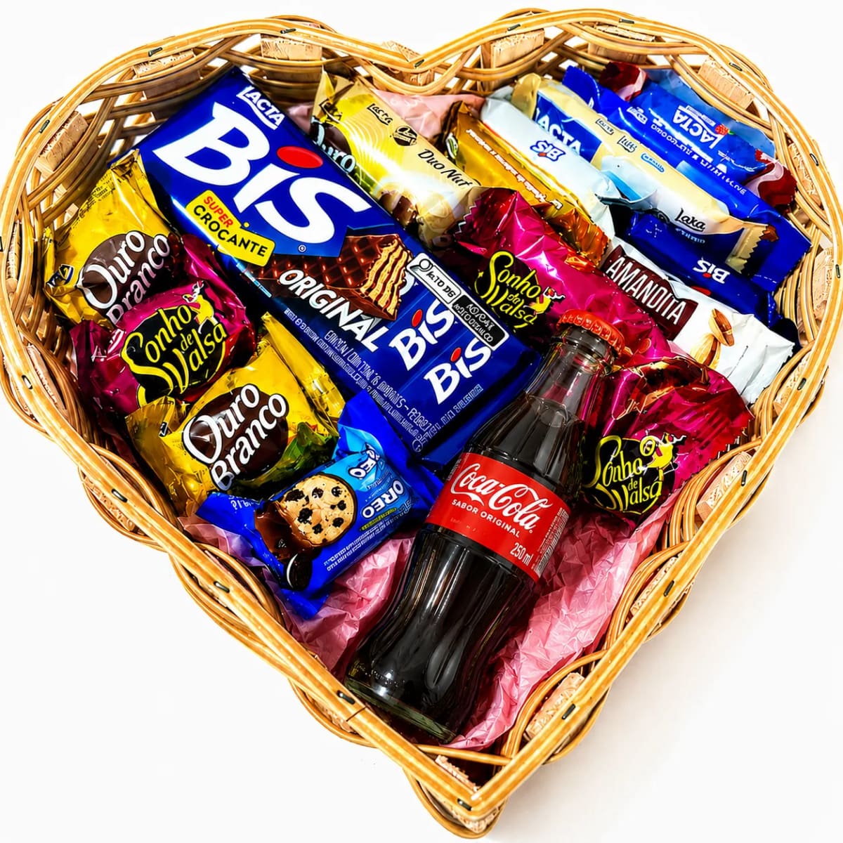 Cesta coração com Coca Cola e Chocolates