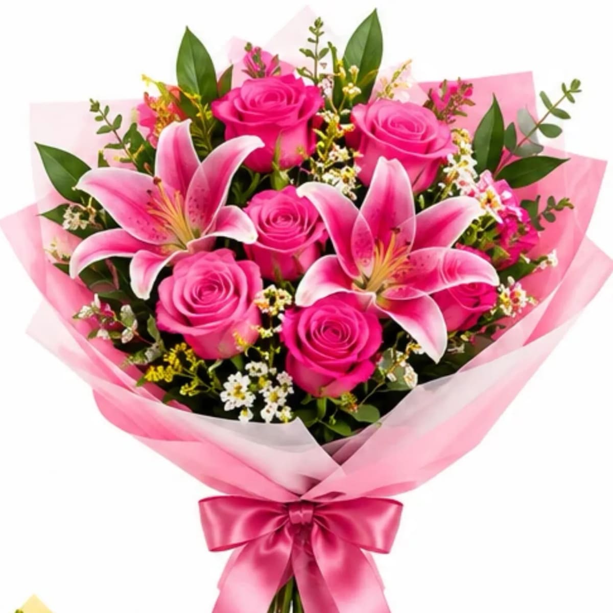 Buquê com Rosas Pink e Lírios