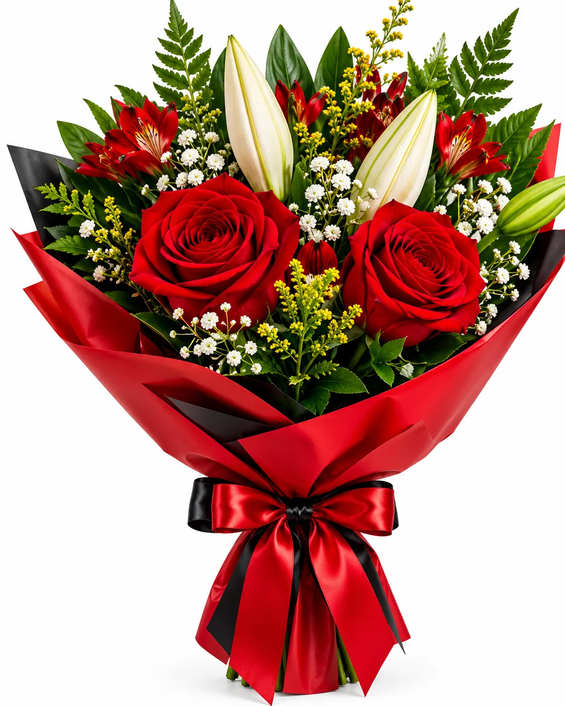 Buquê Paixão Suprema – Rosas Vermelhas e Lírios