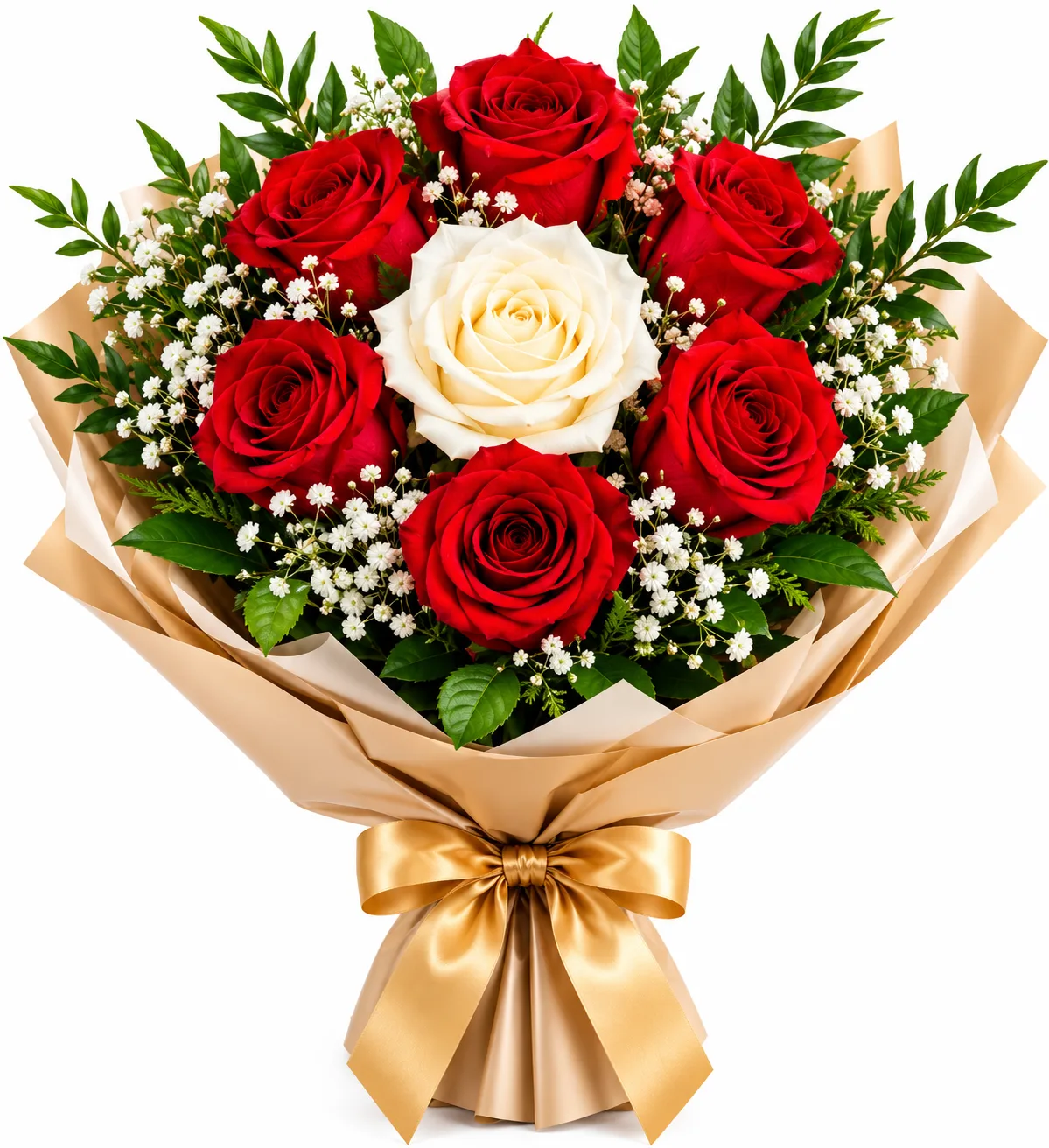 Buquê Amor Único – 6 Rosas Vermelhas e 1 Rosa Branca