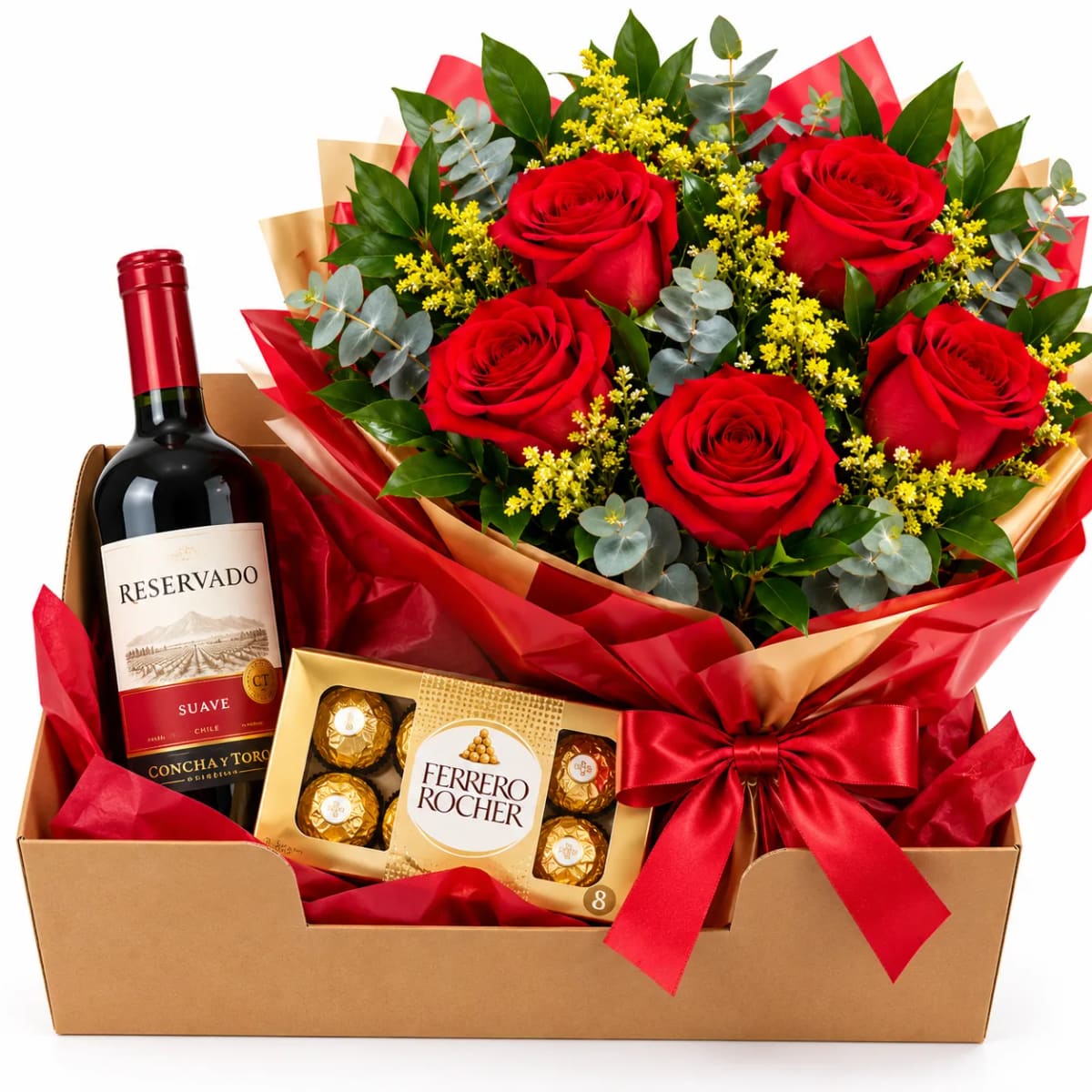 Combo Romance Perfeito – Rosas, Vinho e Ferrero Rocher