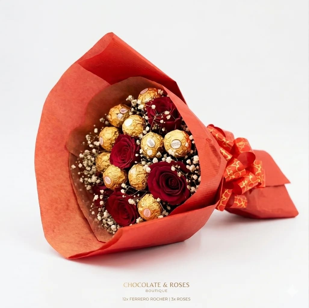 Buquê de Rosas e Chocolate Ferrero Rocher