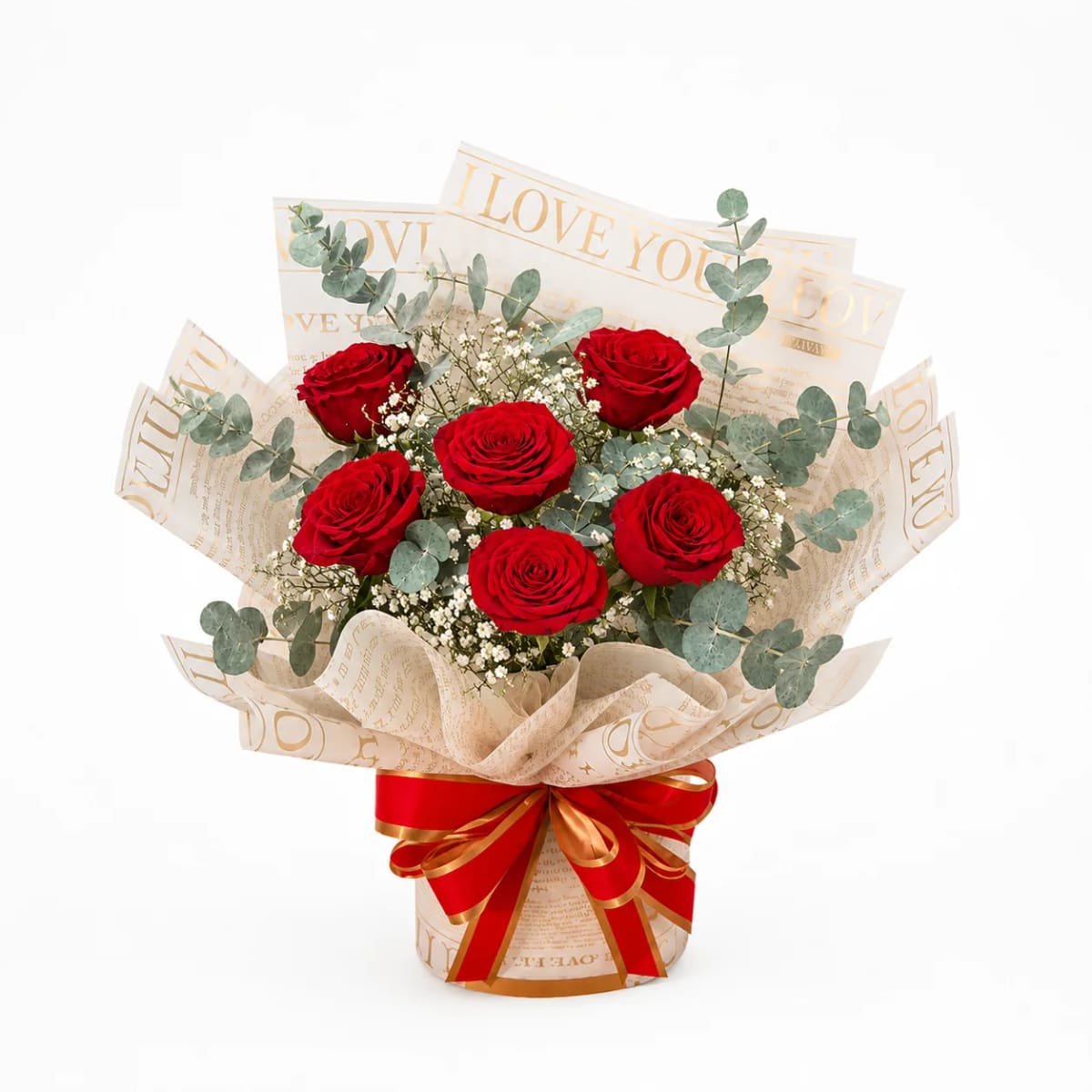 Buquê 6 Rosas Vermelhas I lOVE YOU