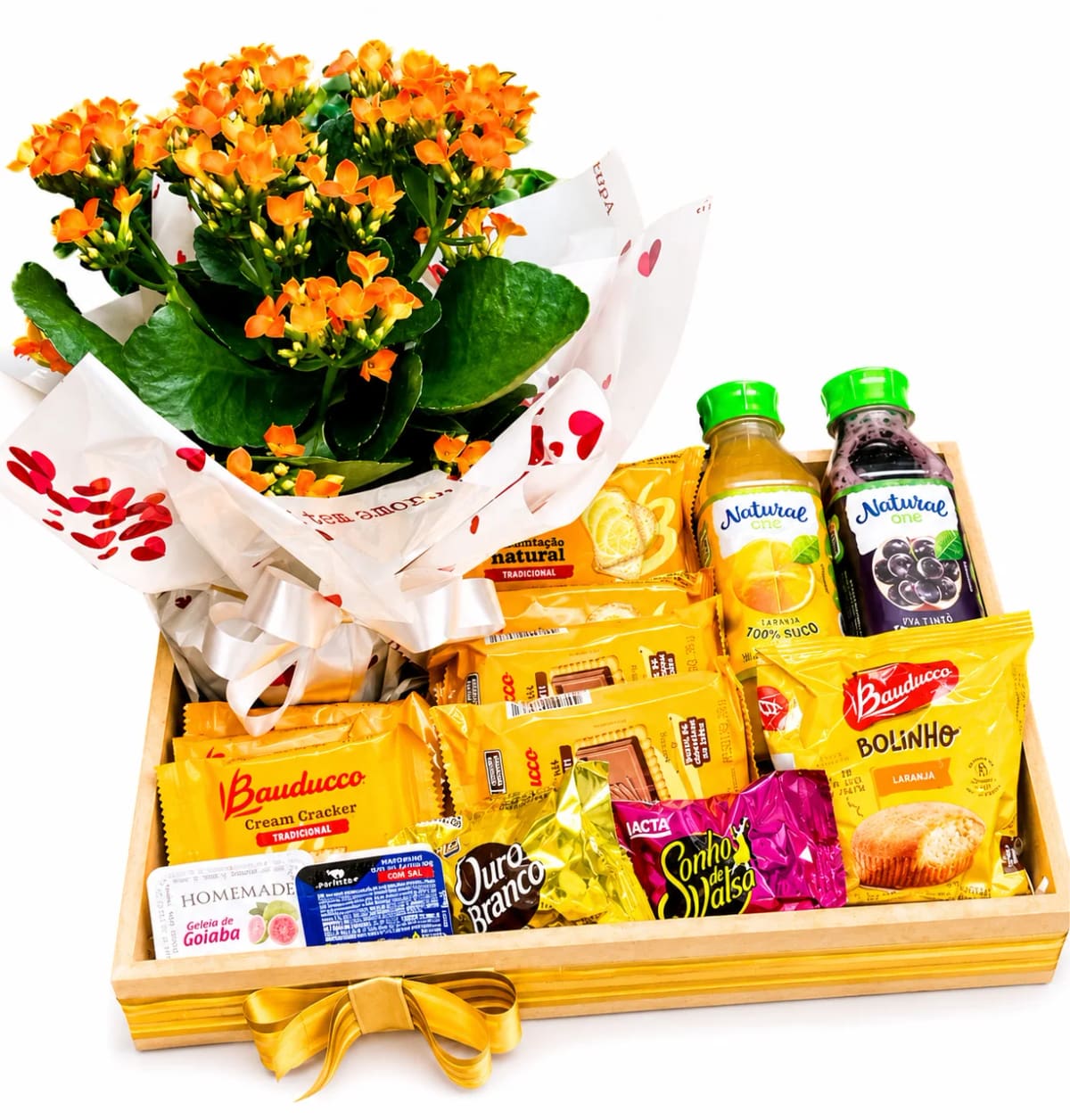 Cesta de café da manhã com Flor, suco e itens Bauduco