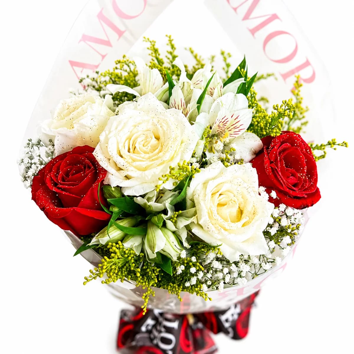 Buquê elegância com Rosas Brancas e Vermelhas