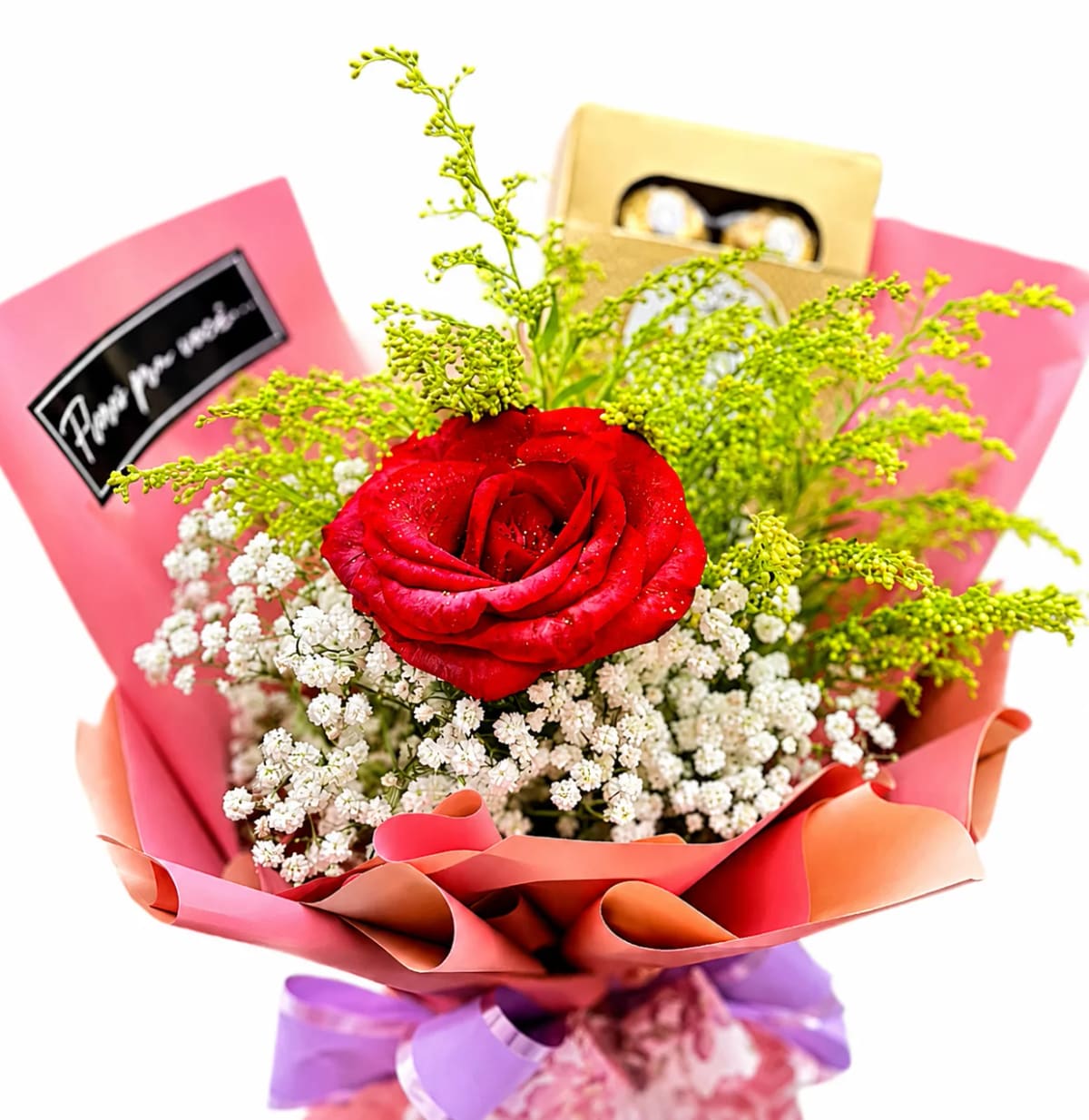 Buquê com rosa vermelha e Ferrero Rocher