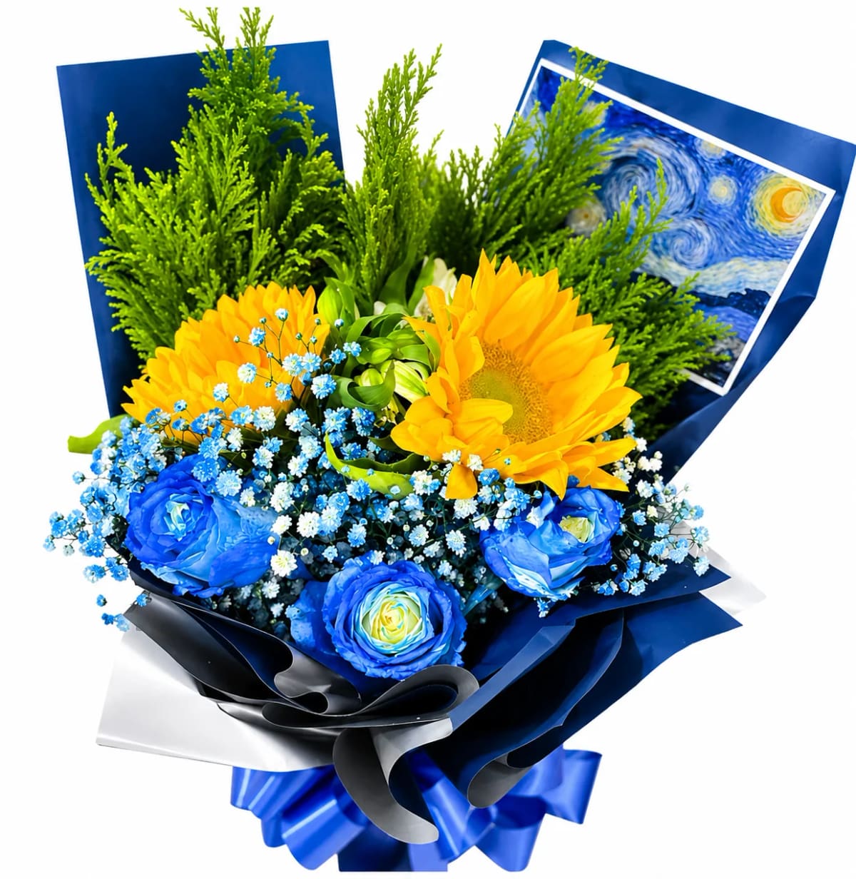 Buquê Van Gogh c/ 2 Girassóis e 3 Rosa Azul