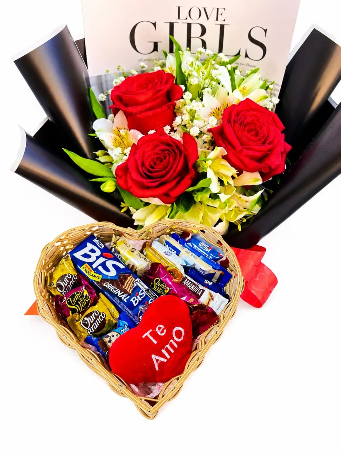 Combo Coração Apaixonado Buquê de Rosas + Cesta com Chocolates